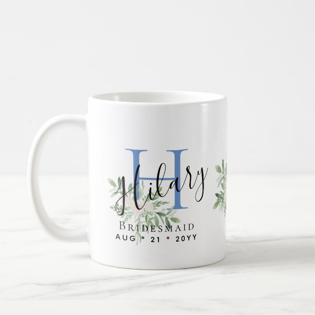 Personalisierte Bridesmaids Blauer Anfangsname Flo Kaffeetasse (Links)