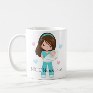 Personalisierte brünette NICU Krankenschwester mi Kaffeetasse