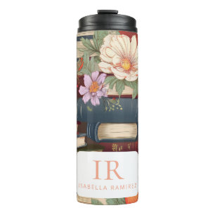Personalisierte Bücher und Blume mit Name und Mono Thermosbecher