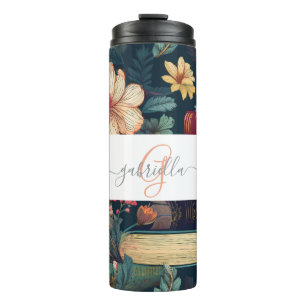 Personalisierte Bücher und Blume mit Name und Mono Thermosbecher