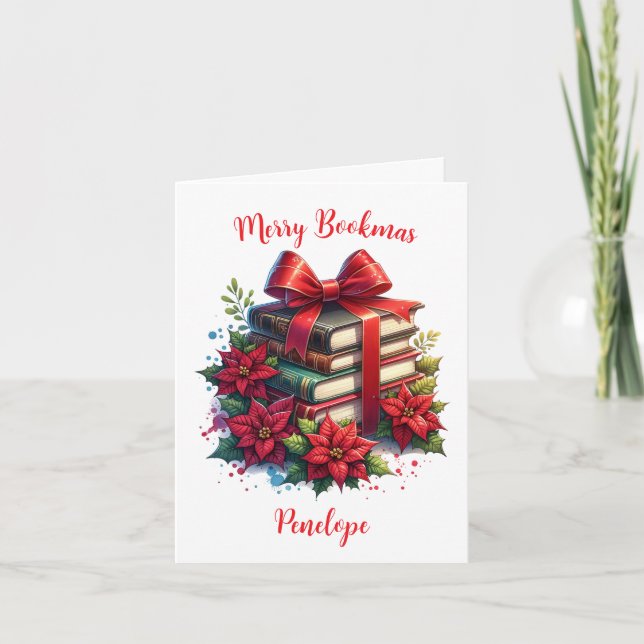 Personalisierte Bücher und Poinsettias Merry Bookm Karte (Vorderseite)