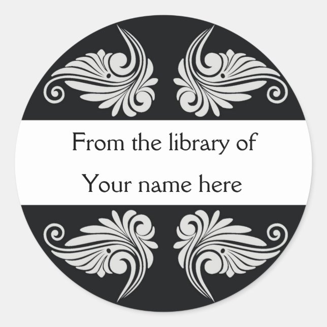 PERSONALISIERTE BUCHZEICHEN - SCHNÖRKEL RUNDER AUFKLEBER (Vorderseite)