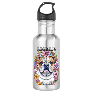 Personalisierte Bulldog und Whimsikäre Blume Edelstahlflasche