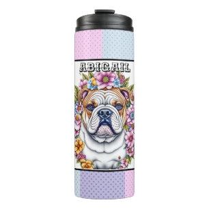 Personalisierte Bulldog und Whimsikäre Blume Thermosbecher
