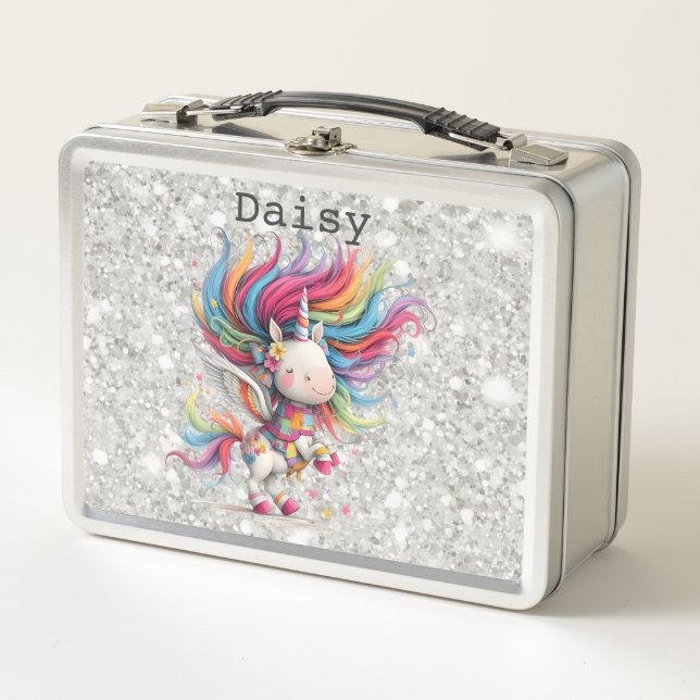 Personalisierte bunte Einhorn Lunchbox mit Glitter (Vorderseite)