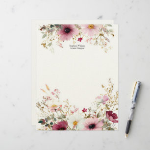 Personalisierte Burgunderrote Wilde Pink Wildblume Briefbogen