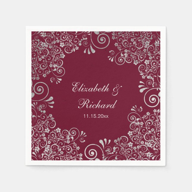 Personalisierte Burgundy Silver Gray Script Weddin Serviette (Vorderseite)