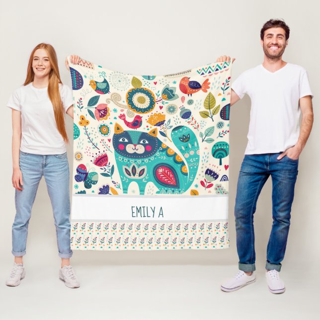 Personalisierte CAT Folk Art Decorative Vögel Blum Fleecedecke (Beispiel)