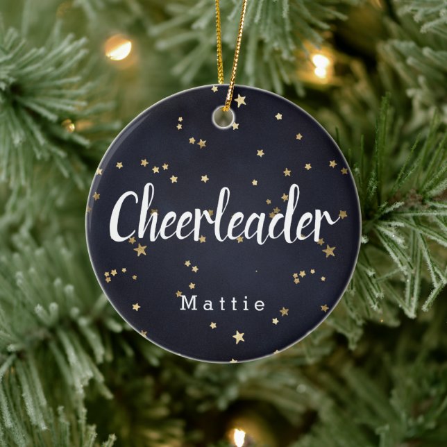 Personalisierte Cheerleader Navy Blue und Gold Sta Keramik Ornament (Baum)