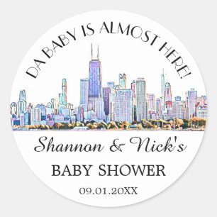 Personalisierte Chicago Skyline Baby Dusche Runder Aufkleber