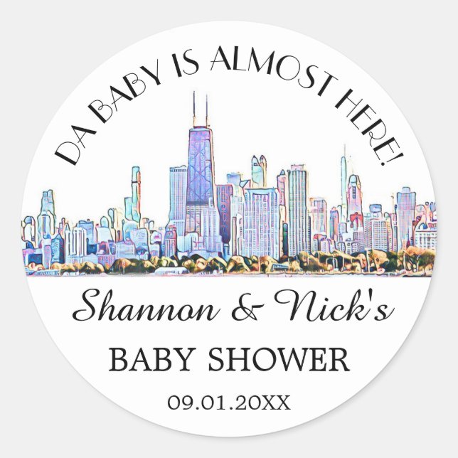 Personalisierte Chicago Skyline Baby Dusche Runder Aufkleber (Vorderseite)