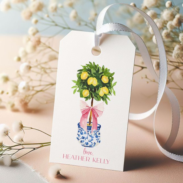 Personalisierte Chinoiserie Lemon Topiary Pink Bow Geschenkanhänger (Von Creator hochgeladen)