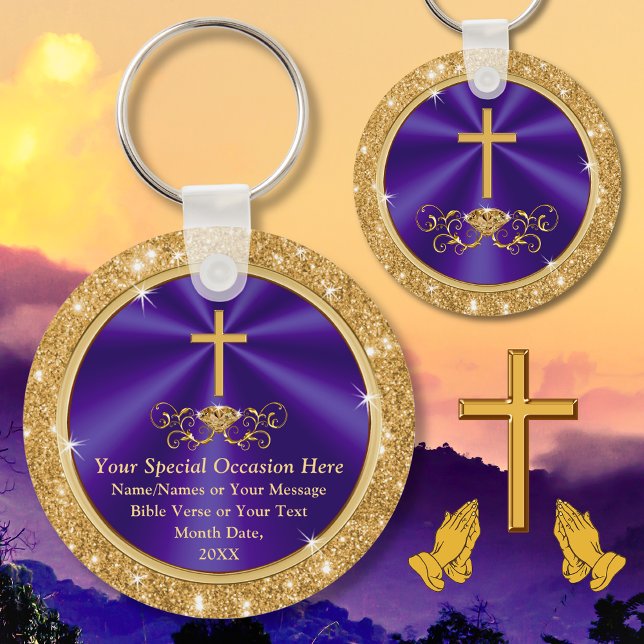 Personalisierte, Christliche Gastgeschenk, jedes M Schlüsselanhänger (Church Anniversary Favors. Purple and Gold, Christian Keychains. Gifts for church members. Scripture)