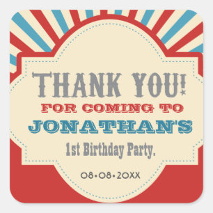 Personalisierte Circus Karneval 1. Geburtstagspart Quadratischer Aufkleber