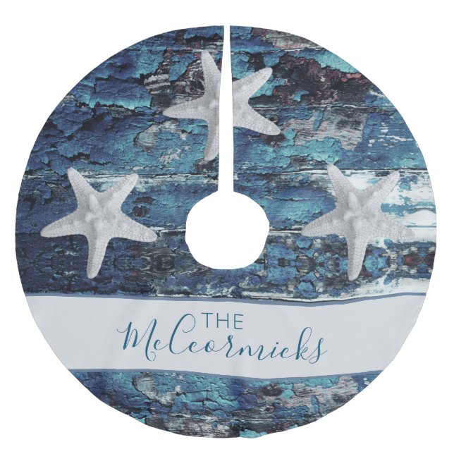 Personalisierte Coastblue Starfish Familie Polyester Weihnachtsbaumdecke (Vorderseite)