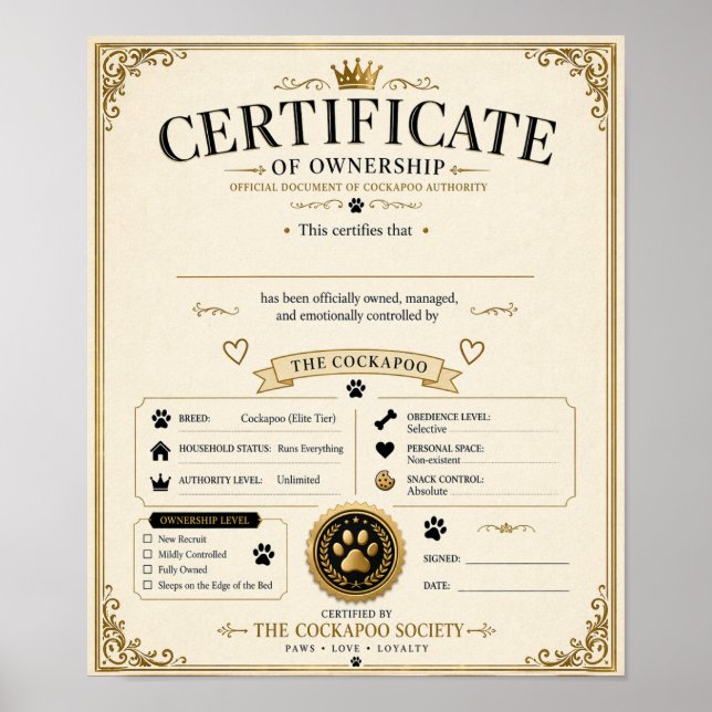 Personalisierte Cockapoo-Besitzerurkunde – Hundege Poster (Vorne)