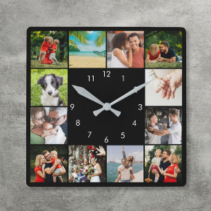 Personalisierte Collage mit 12 Familienfotos in Sc Quadratische Wanduhr