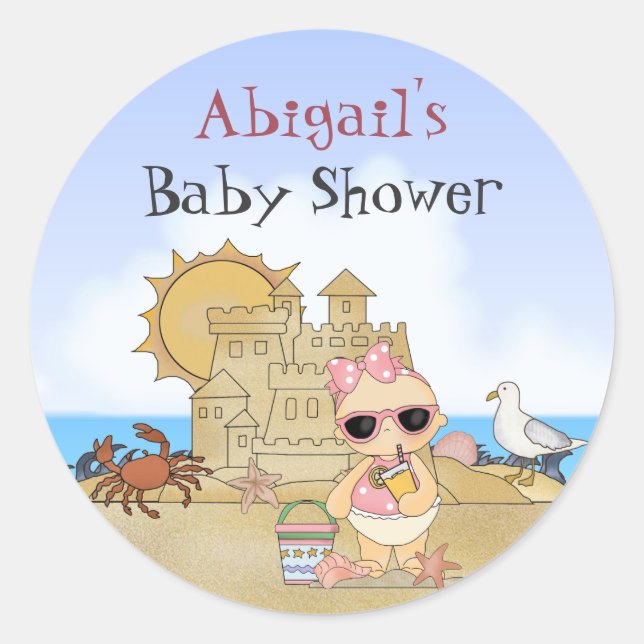 Personalisierte Cool Beach Baby Girl Babydusche Runder Aufkleber (Vorderseite)
