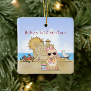 Personalisierte Coole Girl Beach Baby's 1. Weihnac Keramikornament