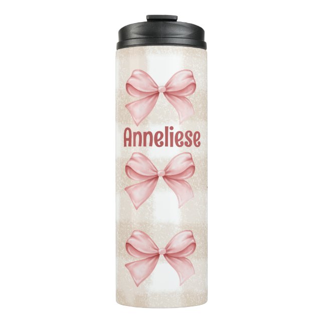 Personalisierte Coquette Bows mit Beige Gingham Thermosbecher (Vorderseite)