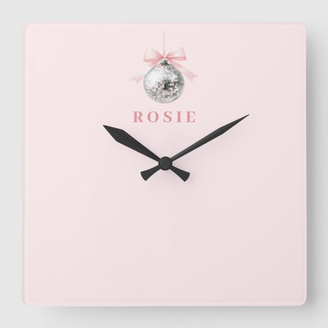 Personalisierte Coquette Diskothek Ball Rosa Band Quadratische Wanduhr (Vorderseite)