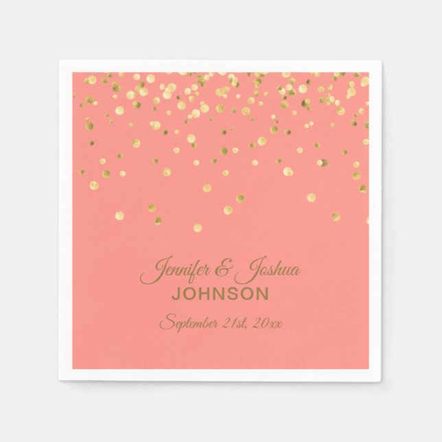 Personalisierte CORAL Peach Gold Confetti Hochzeit Serviette (Vorderseite)