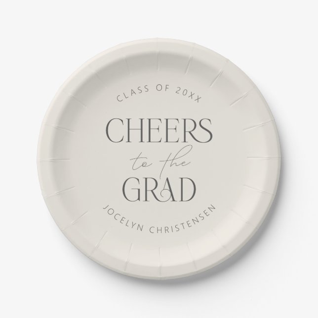 Personalisierte Cream-Grau-Abschlussfeier "Cheers  Pappteller (Vorderseite)