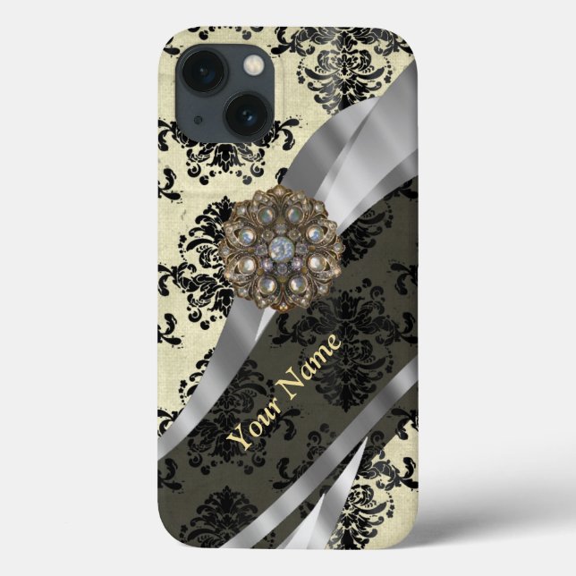 Personalisierte Creme und schwarzer Damast Case-Mate iPhone Hülle (Rückseite)