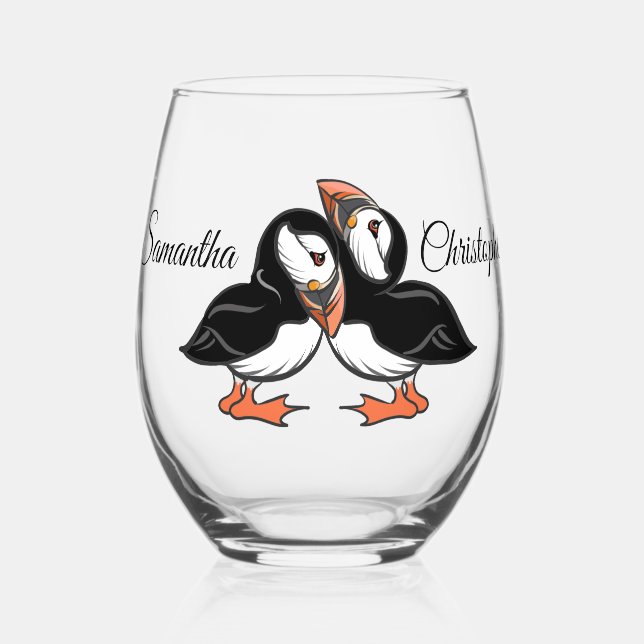 Personalisierte Cuddling Puffins Weinglas Ohne Stiel (Vorderseite)