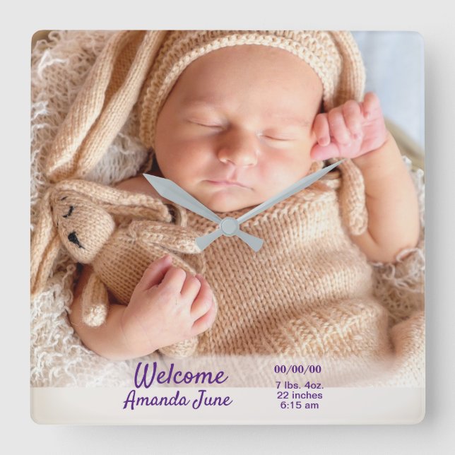 Personalisierte Custom Baby Foto Clock Quadratische Wanduhr (Vorderseite)