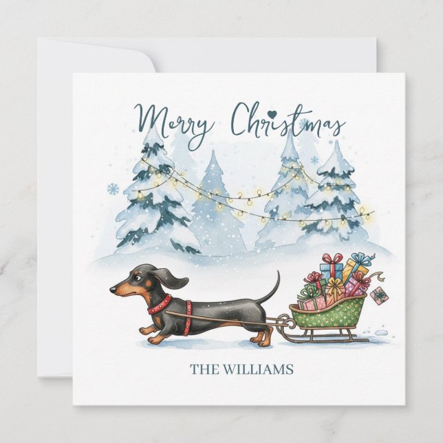Personalisierte Dachshund-Schlitten-Weihnachtskart (Vorderseite)