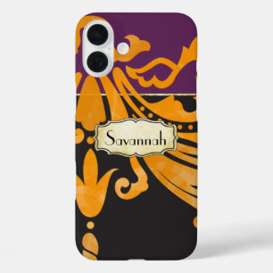 Personalisierte Damask Scroll Work Gold Akzente iPhone 16 Plus Hülle