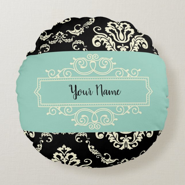 Personalisierte Damaske, grün und schwarz Rundkiss Rundes Kissen (Vorderseite)