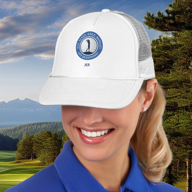 Personalisierte Damen-Golfmütze Modern Blau & Weiß Truckerkappe (Personalized Golf Women's Modern Blue & White Trucker Hat)