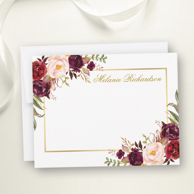 Personalisierte des floralen Goldrahmens in Aquare Mitteilungskarte (Customize to change text size, color, style or to add more text to front or back of card.)