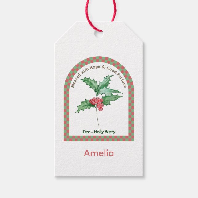 Personalisierte Dezember-Geburtsmonatsblume Geschenkanhänger (Vorderseite)