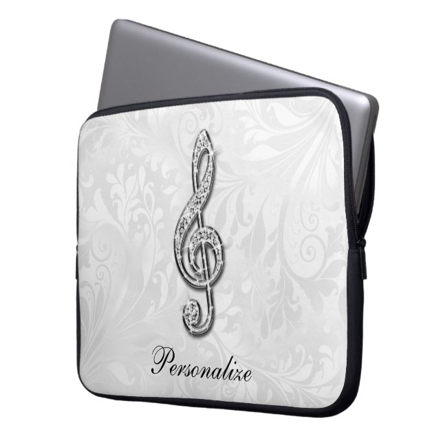 Personalisierte Diamant-Musiknote-Blumendamast Laptopschutzhülle (Vorderseite Links)