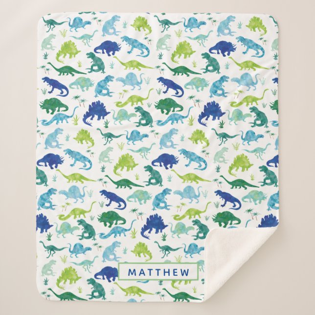 Personalisierte Dinosaurier Blaue weiße Jungen Sherpadecke (Vorderseite)