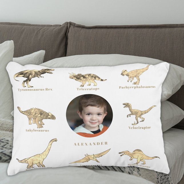 Personalisierte Dinosaurier Boys Foto und Name Dekokissen (Dinosaur boys personalized photo and name white pillow educational Dino names for kids)