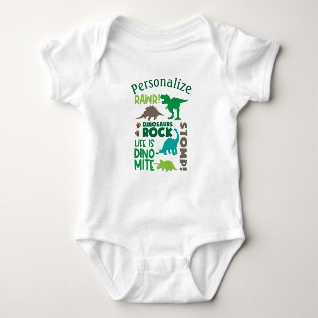 Personalisierte Dinosaurier Rock Quote Baby Duschg Baby Strampler (Vorderseite)