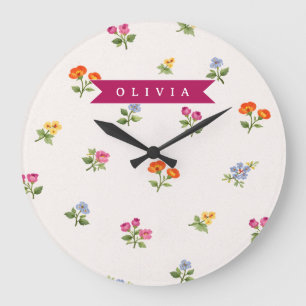 Personalisierte Ditsy Floral Cottagecore Wildblume Große Wanduhr