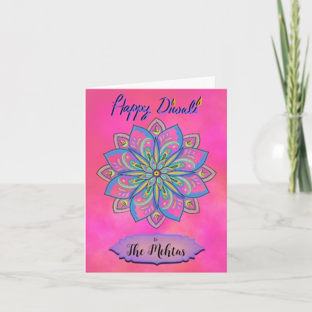 Personalisierte Diwali Pink Mandala Karte (Vorderseite)