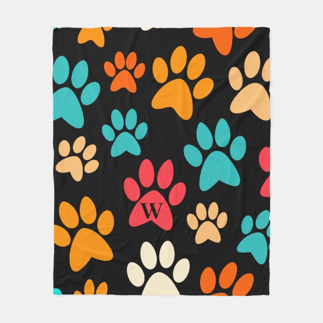 Personalisierte Dog Paw Print Monogram Dog Lover Fleecedecke (Vorderseite)