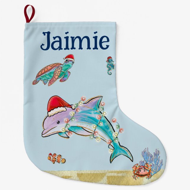 Personalisierte Dolphin Turtle Ocean Wasserfarbe Großer Weihnachtsstrumpf (Vorderseite)