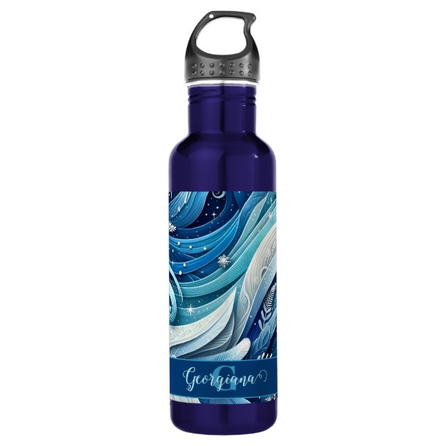 Personalisierte Dreamy Blue und Frosty Winter Wirb Edelstahlflasche (Vorderseite)