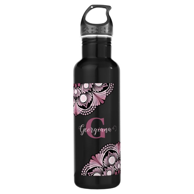Personalisierte Dusky Rose Boho Floral Dot Mandala Edelstahlflasche (Vorderseite)