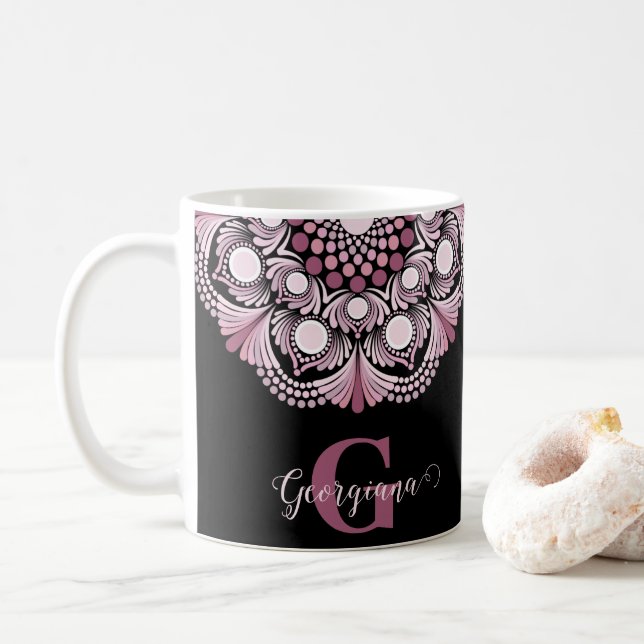Personalisierte Dusky Rose Boho Floral Dot Mandala Kaffeetasse (Mit Donut)