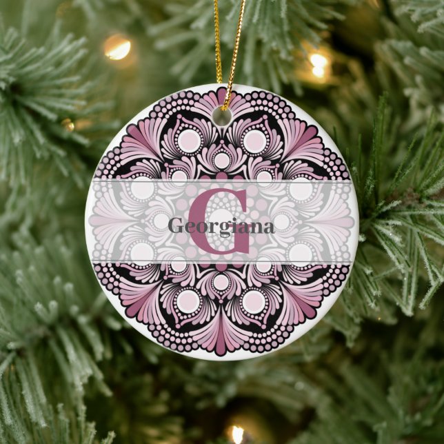 Personalisierte Dusky Rose Boho Floral Dot Mandala Keramik Ornament (Baum)