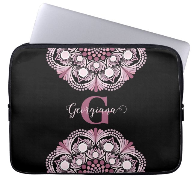 Personalisierte Dusky Rose Boho Floral Dot Mandala Laptopschutzhülle (Vorderseite)