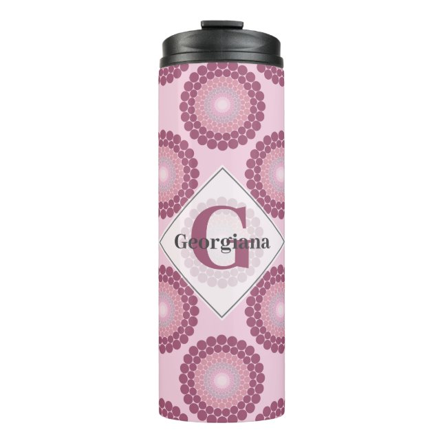 Personalisierte Dusky Rose Polka Dot Mandala Thermosbecher (Vorderseite)